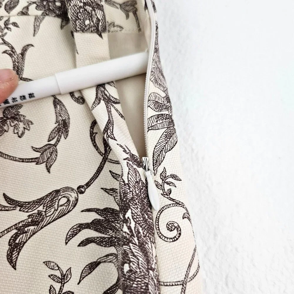 Faconnable Women 14 Ecru Hazelnut Floral Pleat Cotton Linen Skirt Lined Romantic